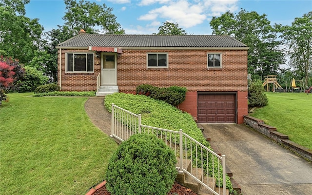 105 Hilltop Cir, Shaler, PA 15116 - view of front of house with asphalt driveway, a garage, a front lawn, brick siding, and a chimney
