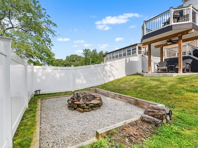 1713 Buchanan Ext, Aliquippa, PA 15001 - fenced backyard featuring a fire pit, a ceiling fan, a balcony, a patio, and a hot tub