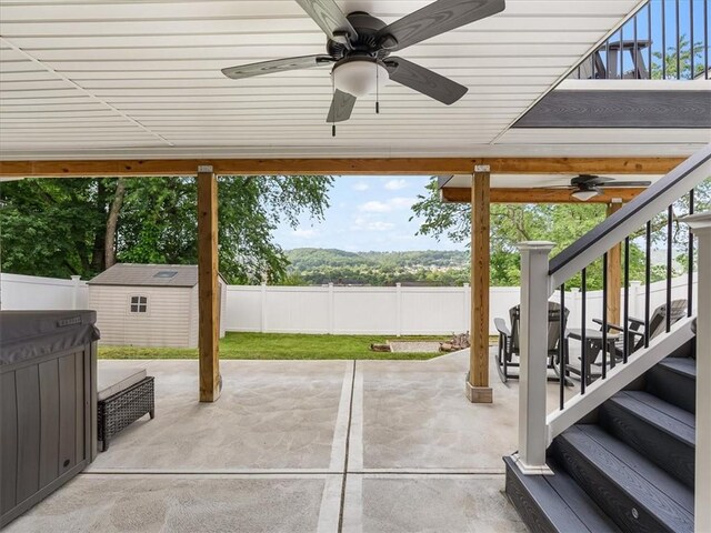 1713 Buchanan Ext, Aliquippa, PA 15001 - fenced backyard featuring ceiling fan, a patio area, and a shed