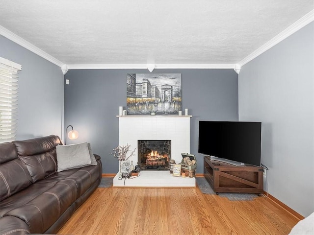 1713 Buchanan Ext, Aliquippa, PA 15001 - living room featuring wood finished floors, a warm lit fireplace, ornamental molding, and a textured ceiling