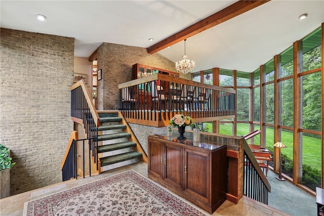 2370 Morrow Rd, Upper St Clair, PA 15241 - stairway featuring brick wall, high vaulted ceiling, a chandelier, and beam ceiling
