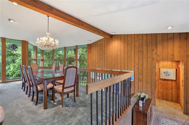2370 Morrow Rd, Upper St Clair, PA 15241 - dining room featuring a chandelier, wooden walls, and beamed ceiling