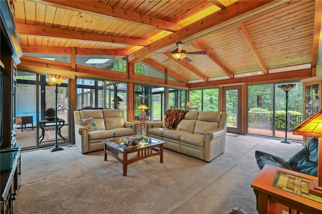 2370 Morrow Rd, Upper St Clair, PA 15241 - living area featuring carpet, wooden ceiling, and ceiling fan