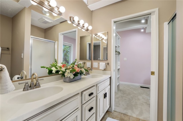 2370 Morrow Rd, Upper St Clair, PA 15241 - full bathroom with double vanity, an enclosed shower, and tile patterned floors