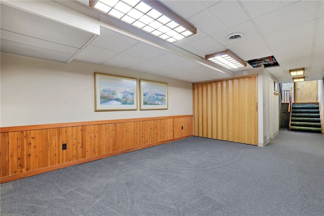 2370 Morrow Rd, Upper St Clair, PA 15241 - finished basement with carpet floors, a wainscoted wall, stairs, and wood walls