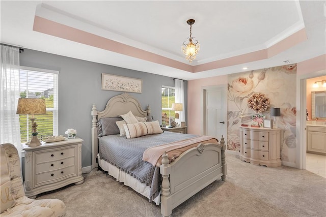 205 Regency Dr, North Strabane, PA 15330 - bedroom with a raised ceiling, light colored carpet, and a chandelier