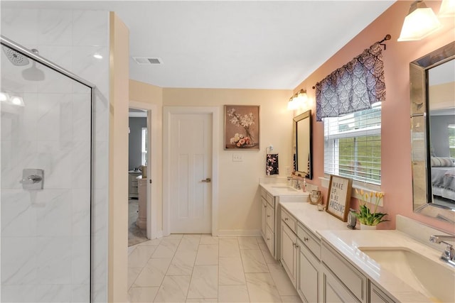 205 Regency Dr, North Strabane, PA 15330 - full bath with double vanity, a shower with door, marble finish flooring, and ensuite bathroom