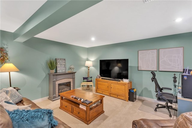 205 Regency Dr, North Strabane, PA 15330 - living area with light carpet, a glass covered fireplace, a desk, and recessed lighting