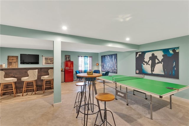 205 Regency Dr, North Strabane, PA 15330 - rec room featuring a bar, carpet flooring, and recessed lighting