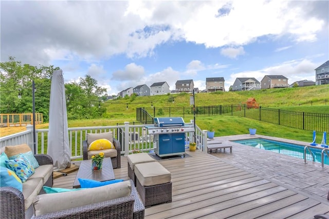 205 Regency Dr, North Strabane, PA 15330 - deck with an outdoor hangout area, a grill, and a fenced backyard