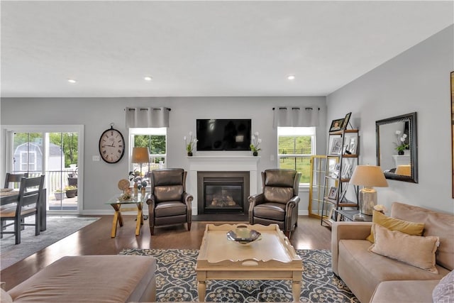 205 Regency Dr, North Strabane, PA 15330 - living room with a glass covered fireplace, recessed lighting, and wood finished floors