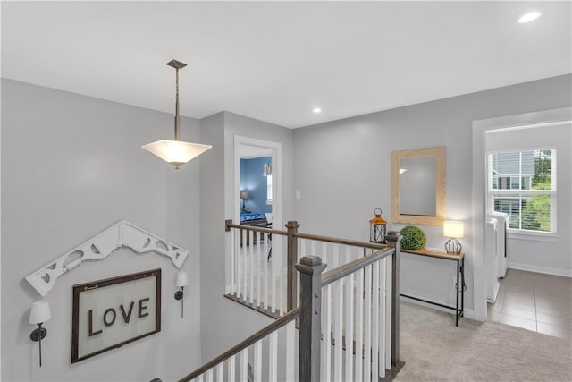 205 Regency Dr, North Strabane, PA 15330 - hall with an upstairs landing, carpet, recessed lighting, and tile patterned flooring