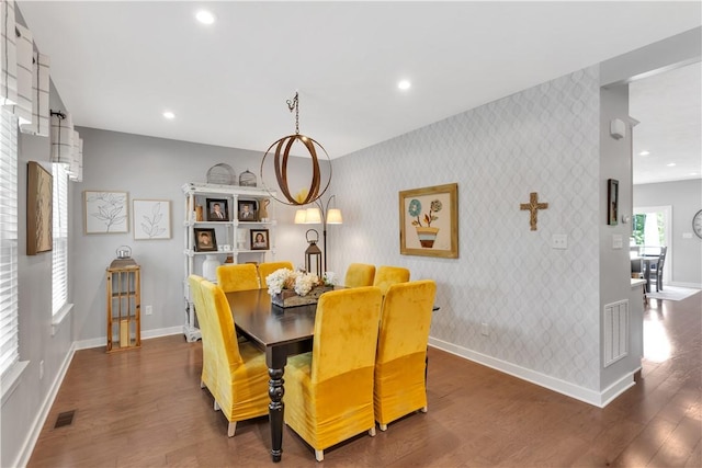 205 Regency Dr, North Strabane, PA 15330 - dining space with wallpapered walls, an accent wall, wood finished floors, and recessed lighting