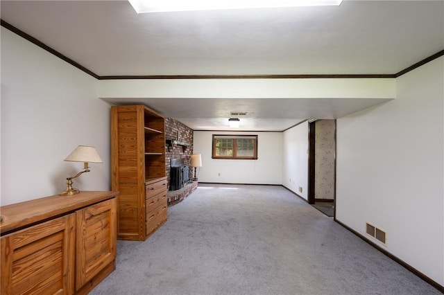 756 Arona Rd, Hempfield Twp Wml, PA 15672 - unfurnished living room featuring light colored carpet, ornamental molding, and a fireplace