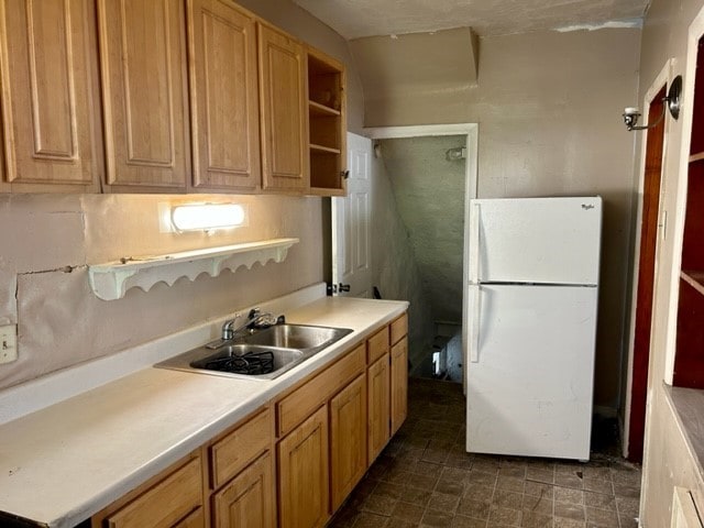 2618 Salisbury St, South Side, PA 15210 - kitchen with freestanding refrigerator, open shelves, and light countertops