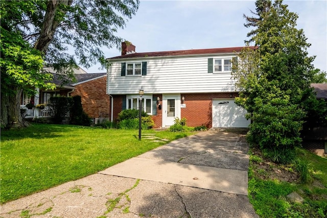 2429 Rose Garden Rd, Banksville/Westwood, PA 15220 - view of front facade featuring driveway, a chimney, brick siding, a garage, and a front yard