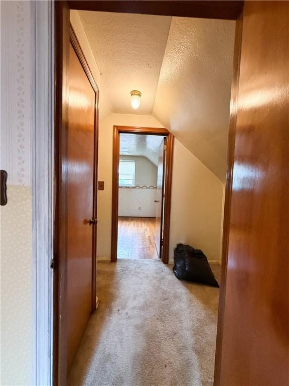 1320 Main St, Bridgeville, PA 15017 - corridor featuring a textured ceiling, vaulted ceiling, and light colored carpet