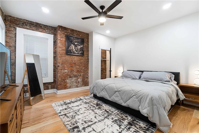 161 Morewood, Oakland, PA 15213 - bedroom with brick wall, light wood-style flooring, recessed lighting, and ceiling fan
