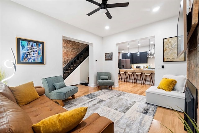 161 Morewood, Oakland, PA 15213 - living area with a ceiling fan, light wood-style floors, stairway, and recessed lighting