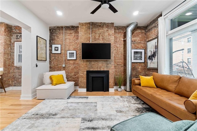 161 Morewood, Oakland, PA 15213 - living room featuring wood finished floors, ceiling fan, a fireplace, and recessed lighting