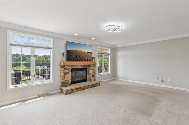 203 Cashmere Ct, Cranberry Twp, PA 16066 - unfurnished living room featuring ornamental molding, carpet, and a stone fireplace