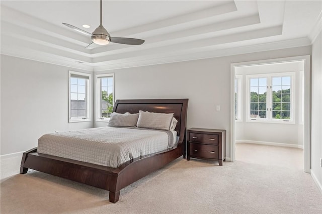 203 Cashmere Ct, Cranberry Twp, PA 16066 - bedroom featuring a raised ceiling, multiple windows, light carpet, crown molding, and a ceiling fan