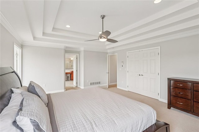 203 Cashmere Ct, Cranberry Twp, PA 16066 - bedroom featuring a raised ceiling, light carpet, a ceiling fan, recessed lighting, and ensuite bath