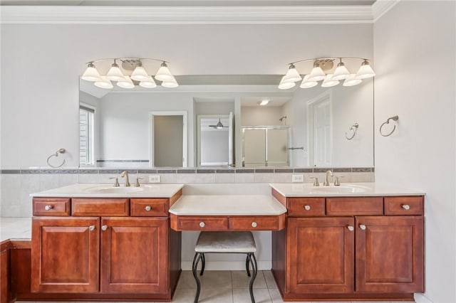 203 Cashmere Ct, Cranberry Twp, PA 16066 - bathroom with a shower stall, tile patterned flooring, vanity, crown molding, and backsplash