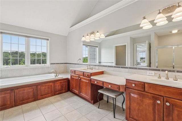 203 Cashmere Ct, Cranberry Twp, PA 16066 - bathroom featuring lofted ceiling, healthy amount of natural light, tile patterned floors, double vanity, and a garden tub