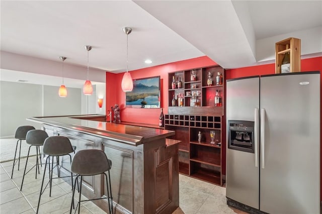 203 Cashmere Ct, Cranberry Twp, PA 16066 - indoor dry bar featuring stainless steel fridge, light tile patterned flooring, pendant lighting, and recessed lighting