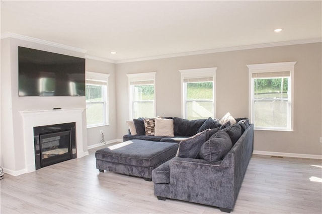 132 Hidden Acres Dr, Forward Twp, PA 16033 - living room featuring crown molding, light wood-style floors, a glass covered fireplace, and recessed lighting