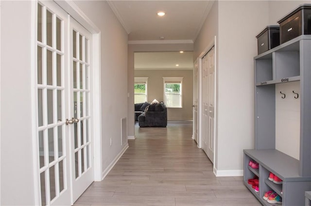 132 Hidden Acres Dr, Forward Twp, PA 16033 - mudroom with crown molding, light wood-type flooring, and recessed lighting