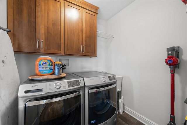 116 Bunker Hill Dr, Peters Twp, PA 15317 - laundry room featuring cabinet space, independent washer and dryer, and dark tile patterned flooring