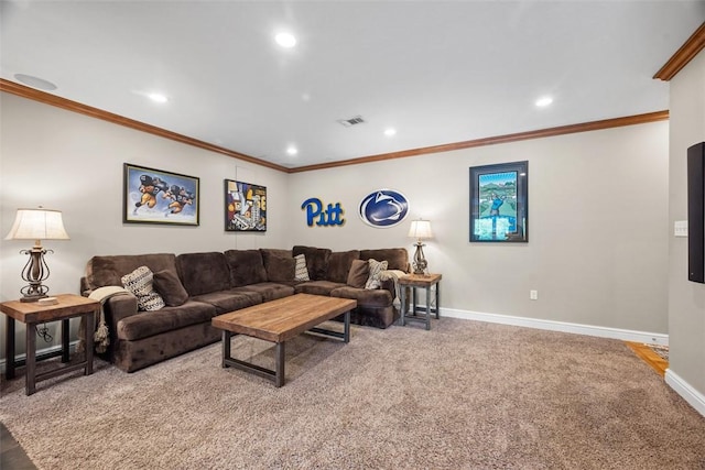116 Bunker Hill Dr, Peters Twp, PA 15317 - living room featuring recessed lighting, ornamental molding, and carpet floors