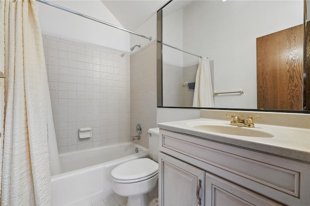 1 Quail Hill Rd, Fox Chapel, PA 15238 - full bath with shower / tub combo with curtain, vanity, tile patterned floors, and vaulted ceiling
