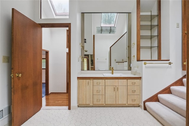 1 Quail Hill Rd, Fox Chapel, PA 15238 - bathroom featuring a skylight, vanity, and tile patterned floors