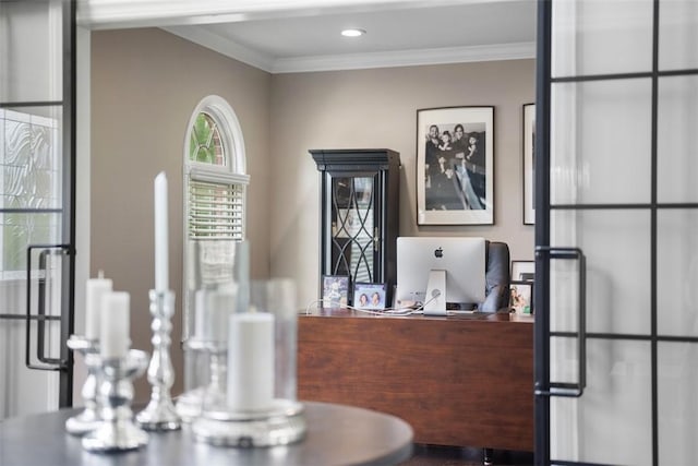 306 Hedgerow Dr, Peters Twp, PA 15367 - dining area view of crown molding, recessed lighting, and an office area
