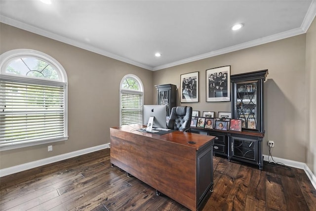 306 Hedgerow Dr, Peters Twp, PA 15367 - office area with plenty of natural light, dark wood finished floors, recessed lighting, and crown molding