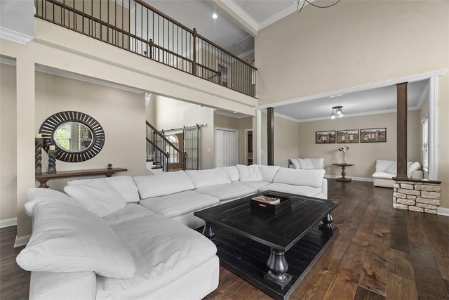 306 Hedgerow Dr, Peters Twp, PA 15367 - living area featuring a high ceiling, a barn door, hardwood / wood-style floors, and crown molding