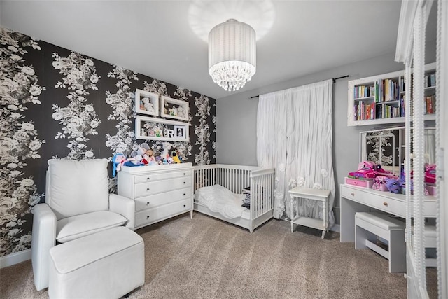 306 Hedgerow Dr, Peters Twp, PA 15367 - bedroom with carpet floors, a nursery area, a chandelier, and wallpapered walls