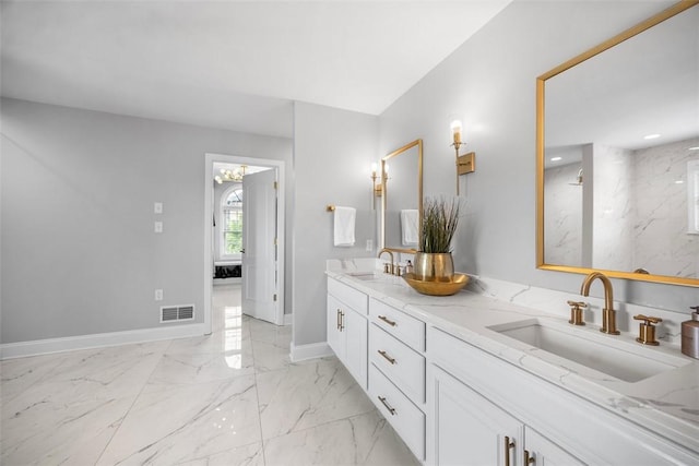 306 Hedgerow Dr, Peters Twp, PA 15367 - full bath featuring double vanity, marble finish floors, and recessed lighting