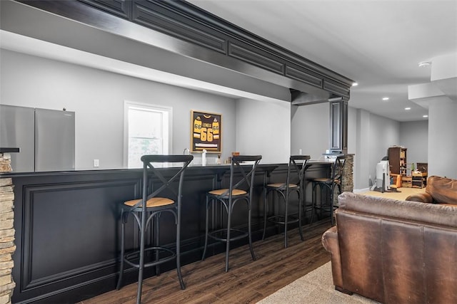306 Hedgerow Dr, Peters Twp, PA 15367 - indoor wet bar featuring dark wood finished floors, freestanding refrigerator, and recessed lighting