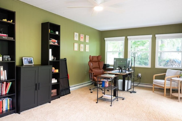 8 Windycrest Dr, Patterson Twp, PA 15010 - carpeted home office with a baseboard heating unit and a ceiling fan