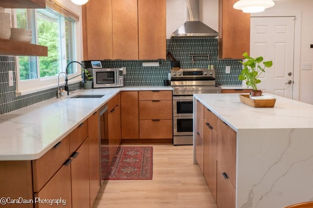 8 Windycrest Dr, Patterson Twp, PA 15010 - kitchen with wall chimney exhaust hood, stainless steel appliances, light wood-style flooring, and backsplash