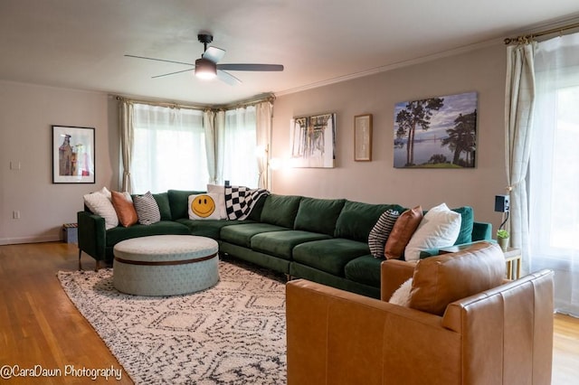 8 Windycrest Dr, Patterson Twp, PA 15010 - living room with a ceiling fan, wood finished floors, and crown molding