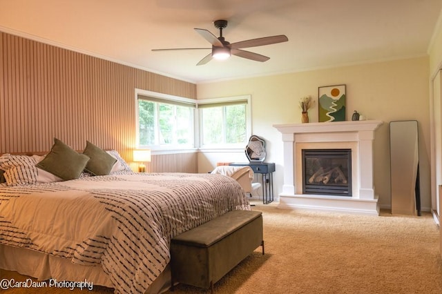 8 Windycrest Dr, Patterson Twp, PA 15010 - bedroom with ornamental molding, a glass covered fireplace, carpet, and ceiling fan