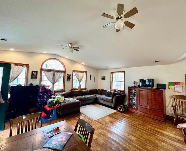 13478 Old Lake Rd Unit 63, Springfield, PA 16411 - living area with ceiling fan, hardwood / wood-style flooring, lofted ceiling, and recessed lighting