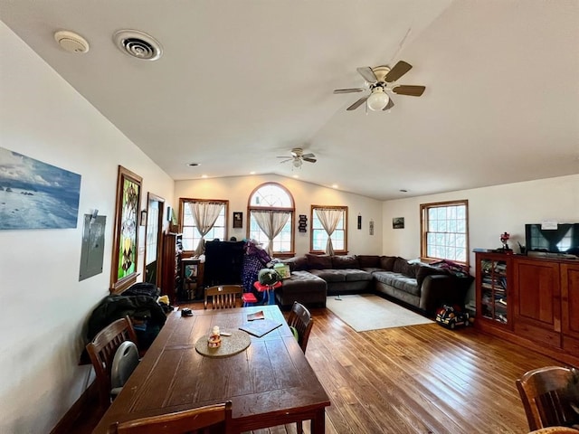 13478 Old Lake Rd Unit 63, Springfield, PA 16411 - living area with wood finished floors, vaulted ceiling, and ceiling fan
