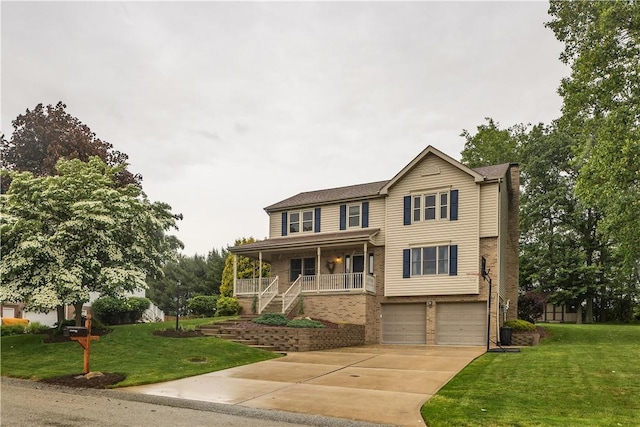 108 Birchwood Way, Penn Twp Wml, PA 15642 - view of front of home featuring a porch, a garage, brick siding, a front lawn, and a chimney