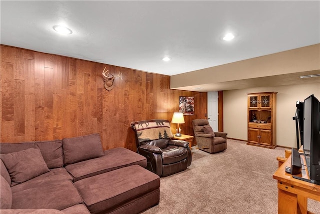 108 Birchwood Way, Penn Twp Wml, PA 15642 - living area featuring wooden walls, light carpet, and recessed lighting